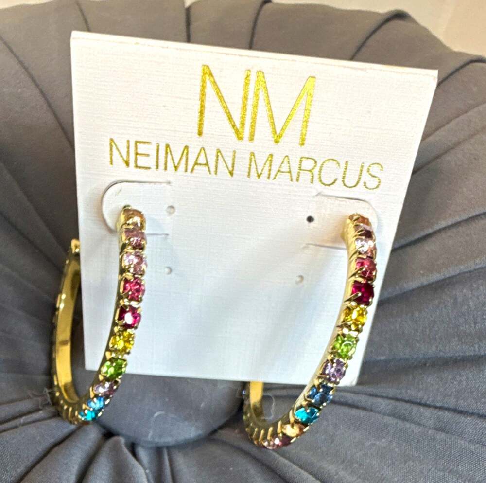Neiman Marcus Gold Tone Multicolor Simulated Crystal Pavé Hoop Earrings 2 in
